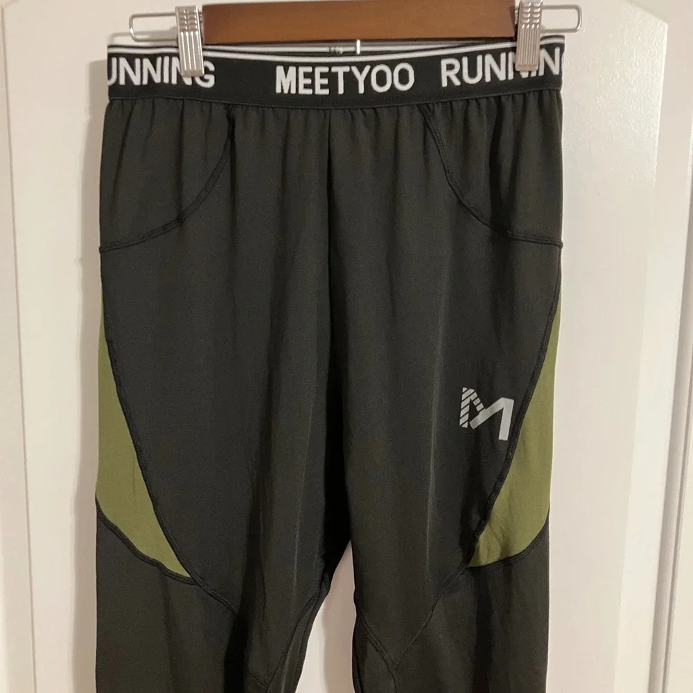MEETYOO Mens Compression Leggings Black Olive Green Running Tights Size L